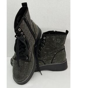 Madden NYC Black Sparkle Rhinestone Combat Lace Up Side Chunky Lug Boots Zip 9